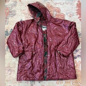 Vintage Wippette Rainthings Vinyl Hood Rain Jacket Maroon Paisley Lined Size Lg